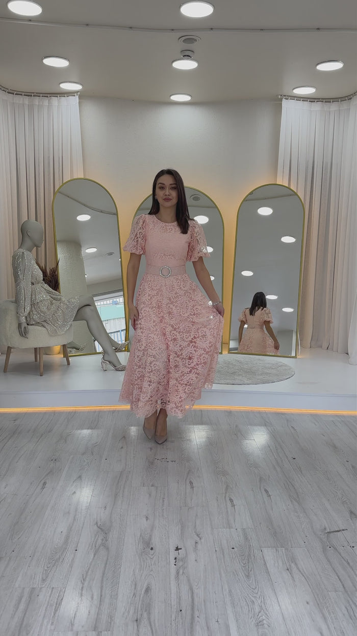 Balon Kol Maxi Boy Kemerli Dantel Elbise