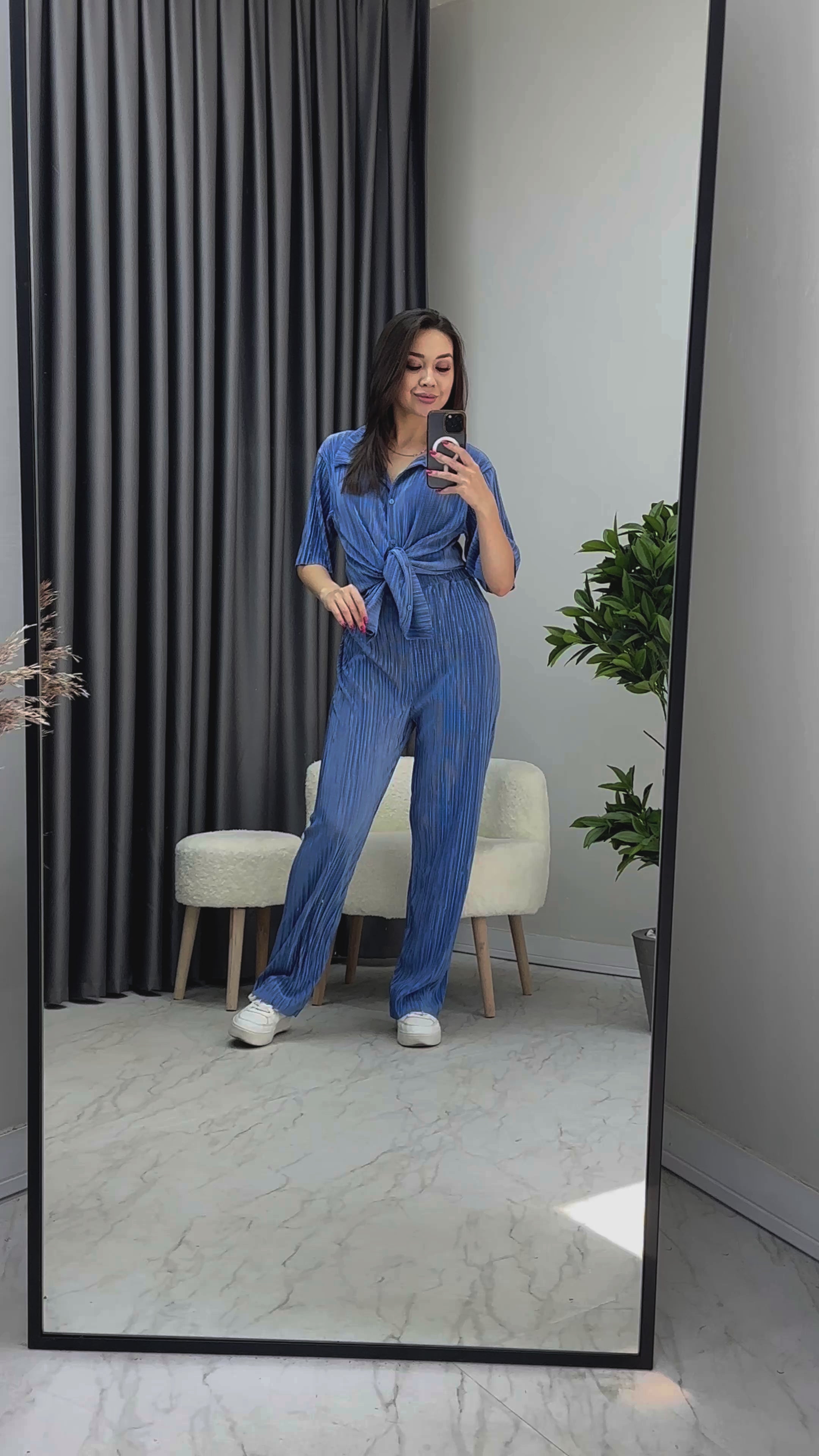 Mavi Krinkıl Kısa Kol Gömlek Pantolon İkili Takım