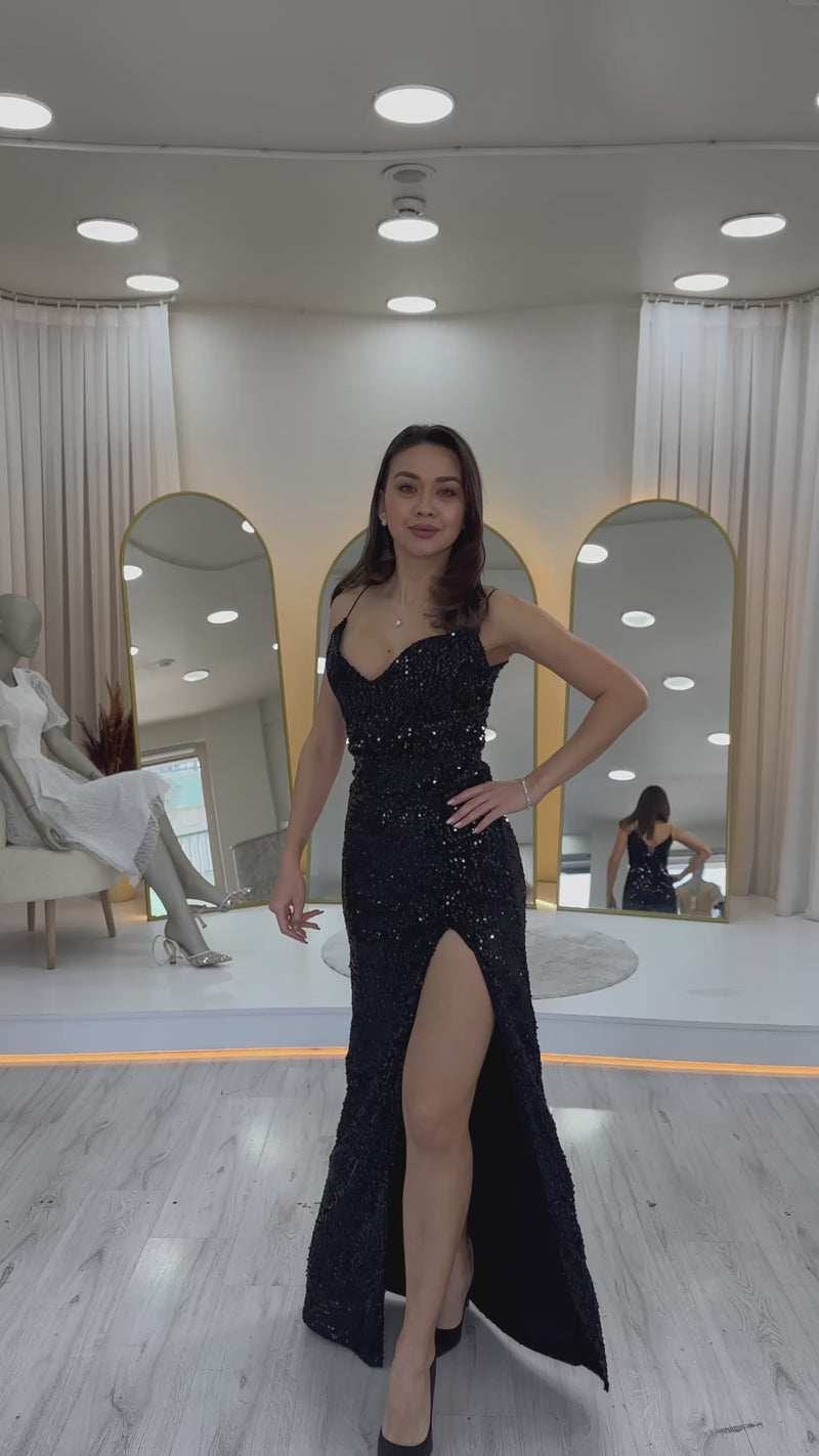 İp Askılı Pul Payet Yırtmaçlı Abiye Elbise