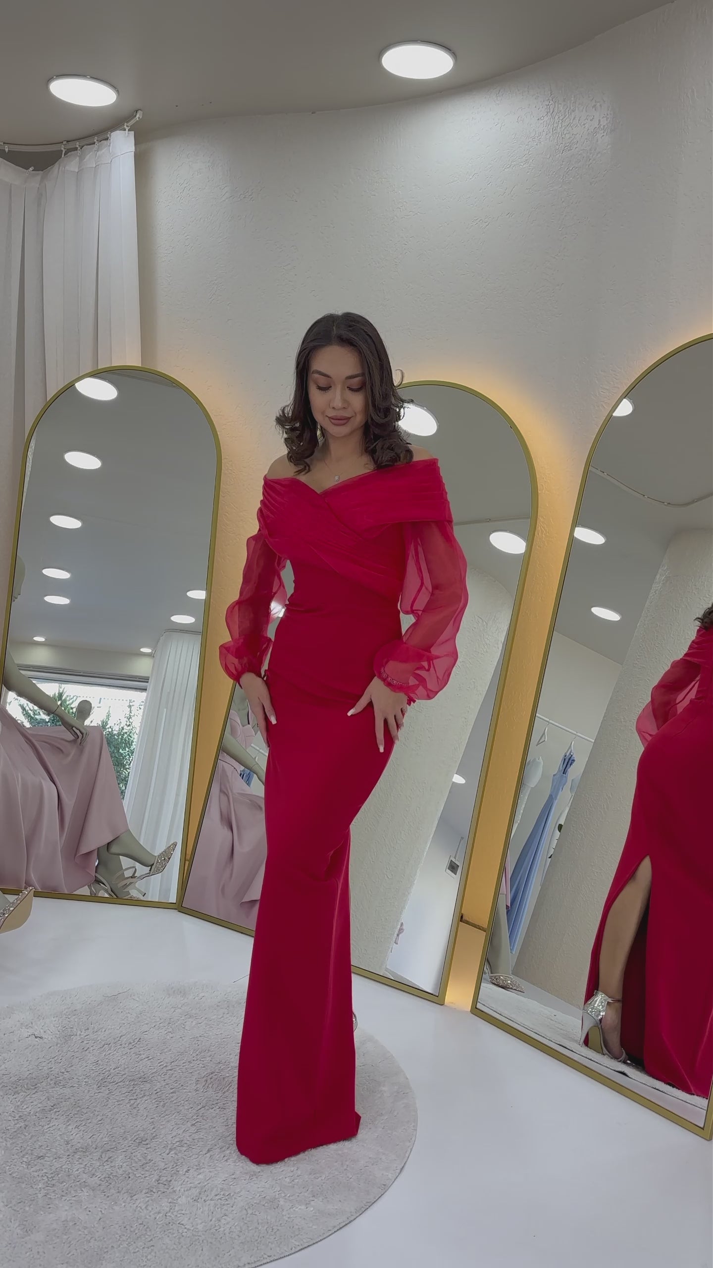 Kırmızı Şifon Kol Detaylı Düşük Omuz Balık Abiye Elbise