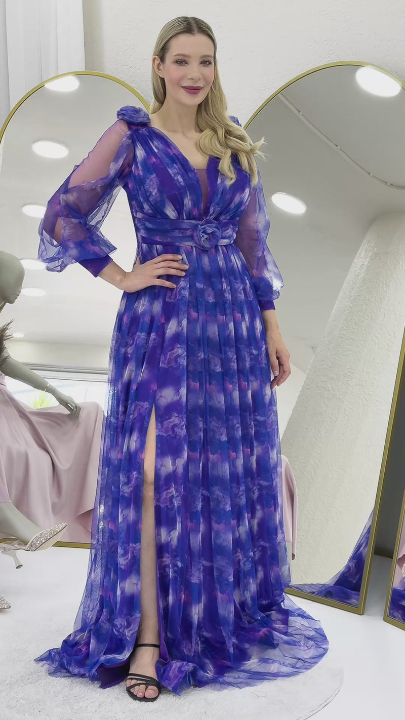 Mor Çiçek Detay Desenli Büyük Beden Abiye Elbise