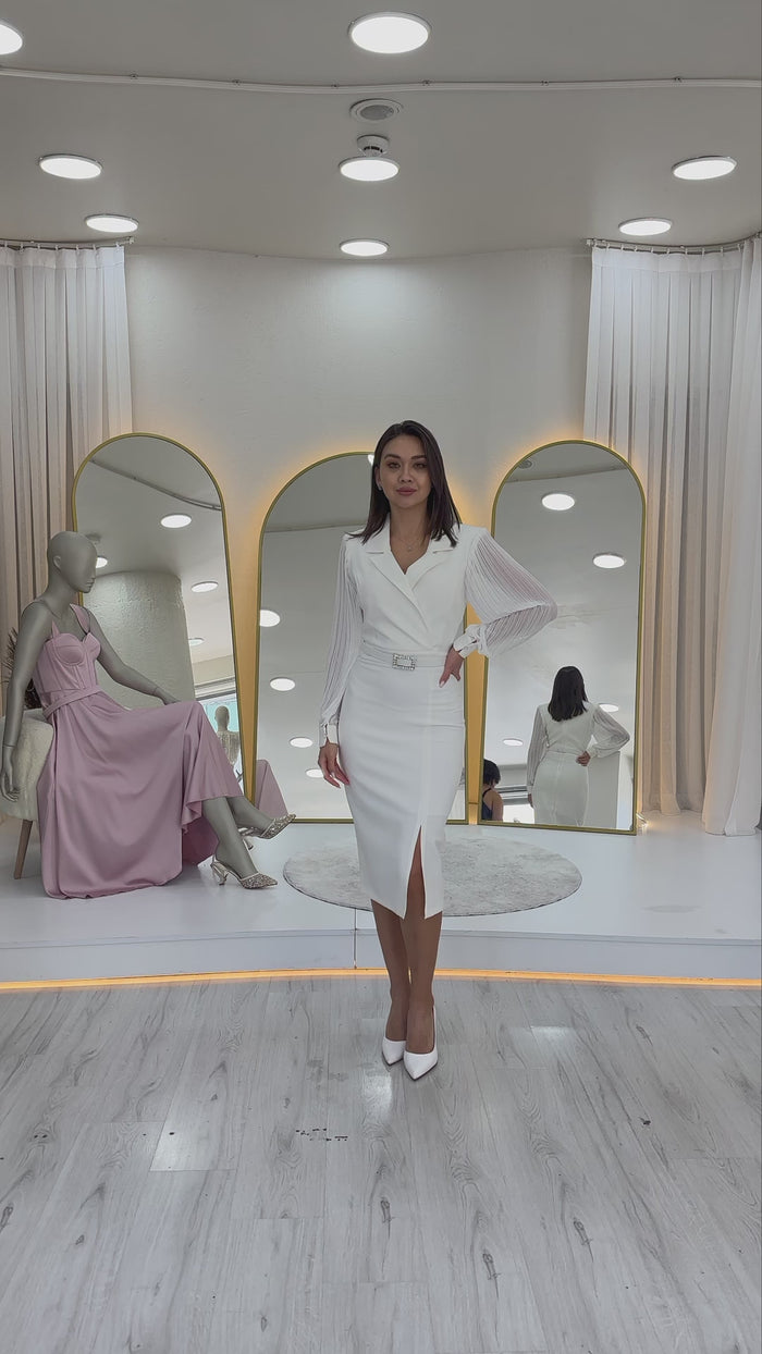 Beyaz Kruvaze Yaka Kemerli Midi Boy Kalem Elbise