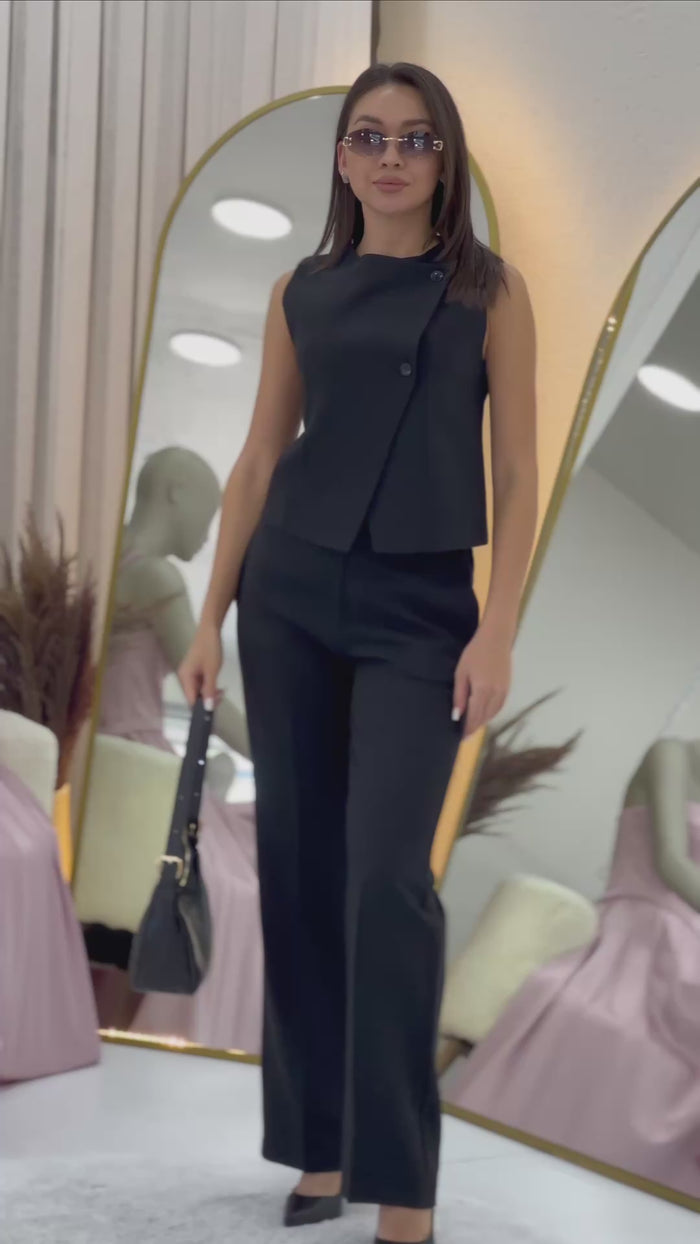 Kadın Siyah Çapraz Düğmeli Yelek Pantolon İkili Takım