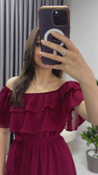 Bordo Madonna Carmen Fırfır Yaka Büyük Beden Şifon Elbise