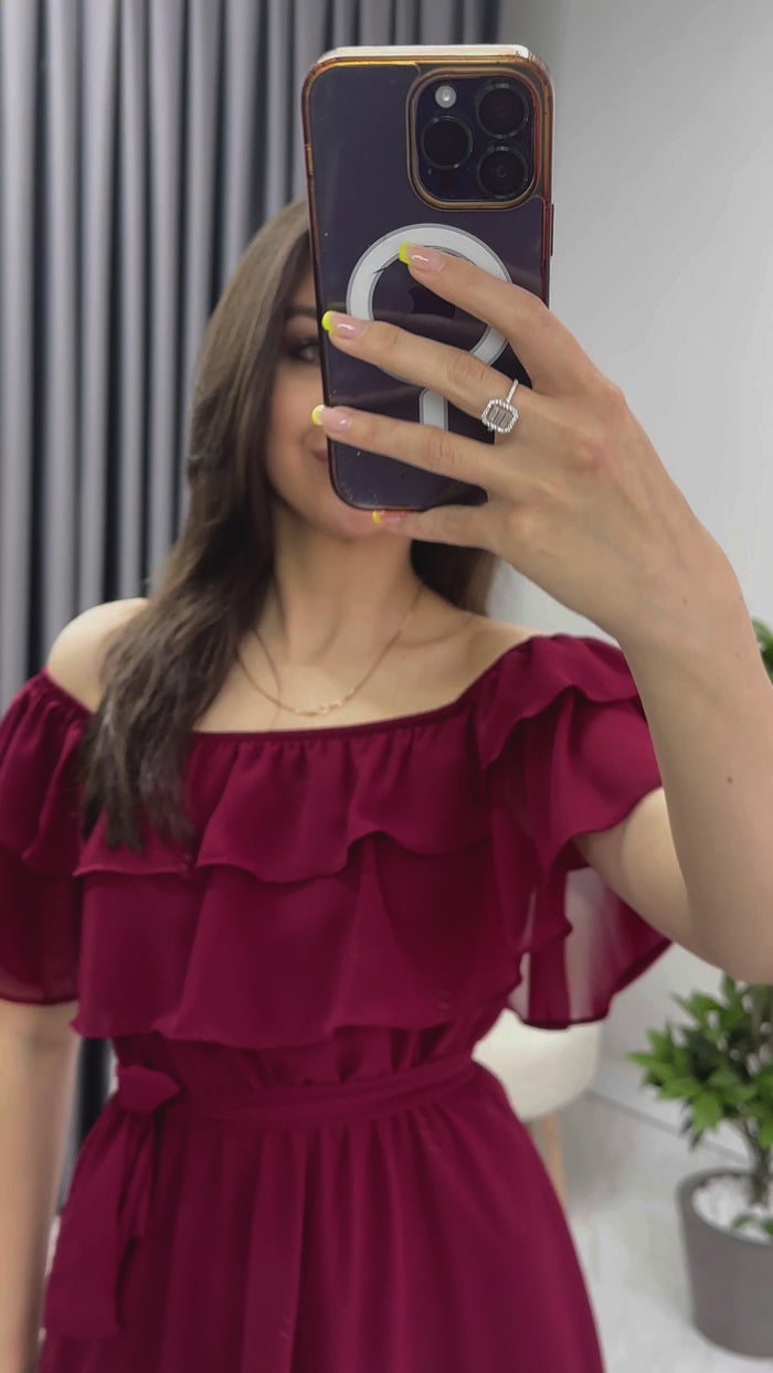 Bordo Madonna Carmen Fırfır Yaka Büyük Beden Şifon Elbise