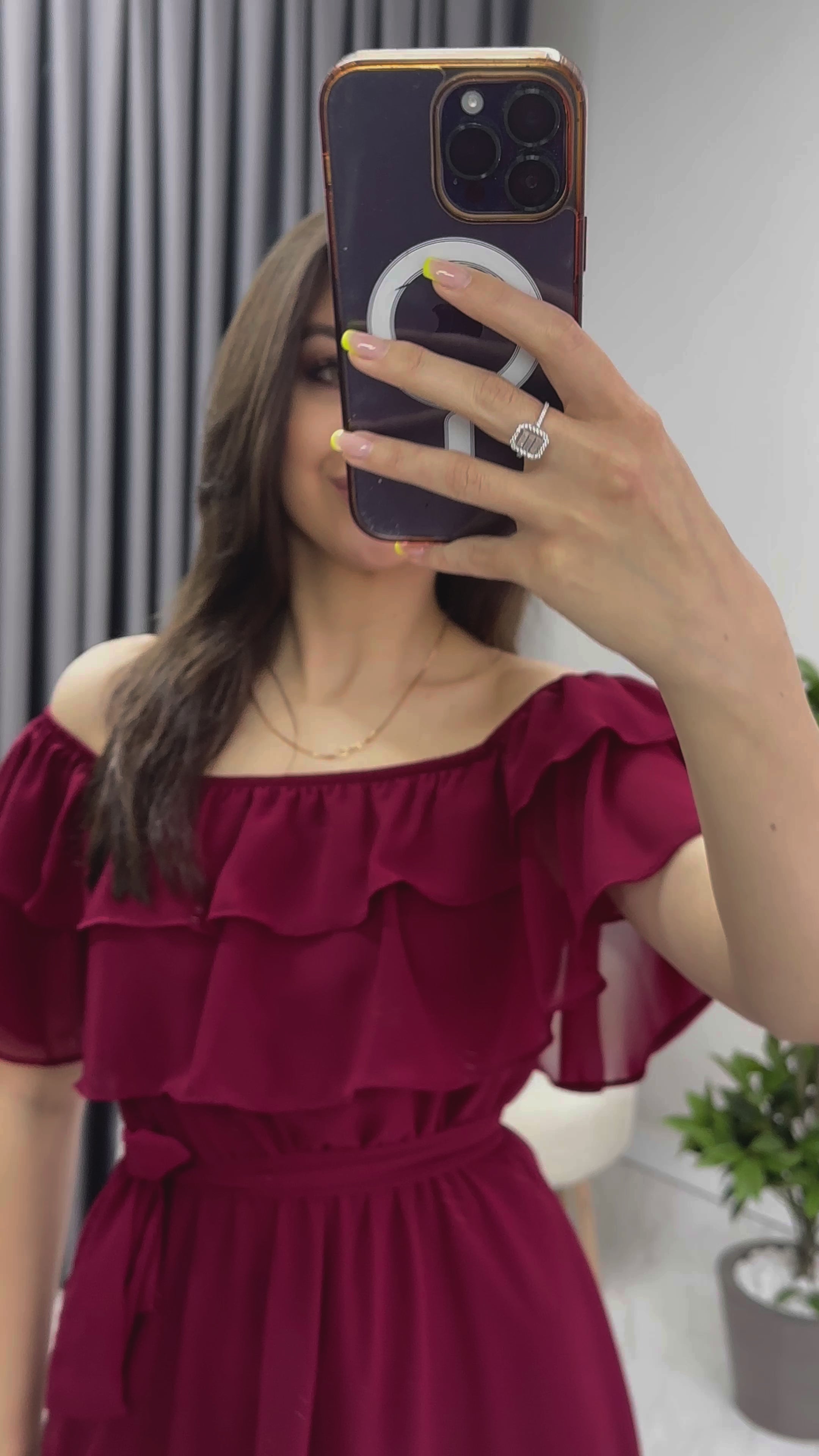 Bordo Madonna Carmen Fırfır Yaka Büyük Beden Şifon Elbise