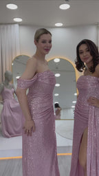 Kadın Düşük Omuz Pudra Pul Payet Yırtmaçlı Abiye Elbise