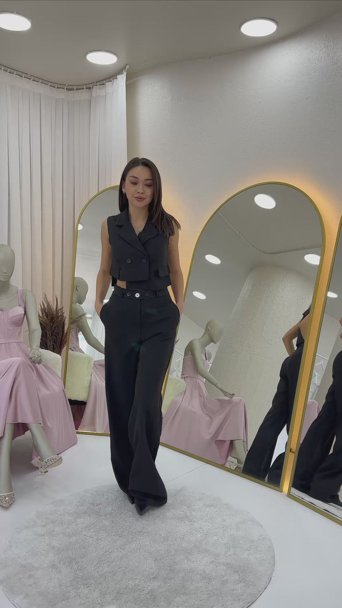 Kadın Siyah Asimetrik Yelek Pantolon İkili Alt Üst Takım