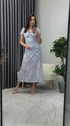 Kadın Mavi Yaka Bağcıklı Çiçekli Kısa Kol Elbise