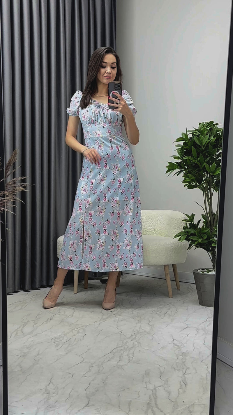 Kadın Mavi Yaka Bağcıklı Çiçekli Kısa Kol Elbise
