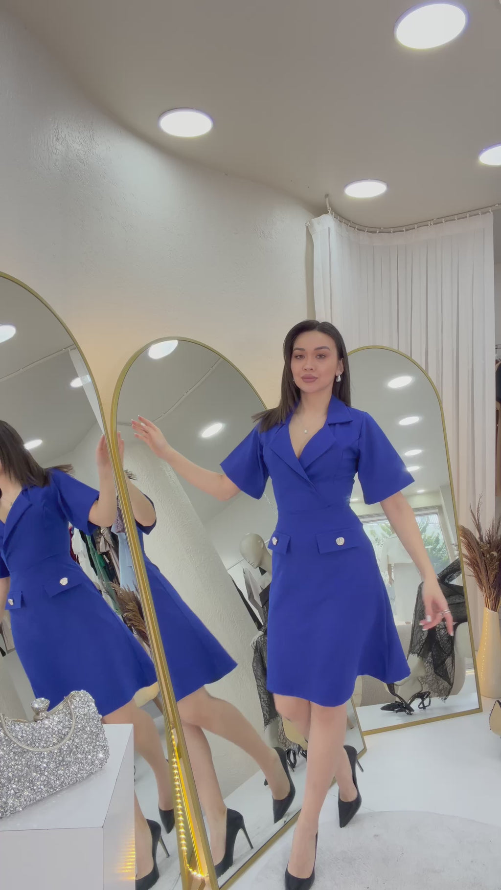 Kadın Saks Mavi Kruvaze Yaka Kısa Kol Elbise düz yan arka