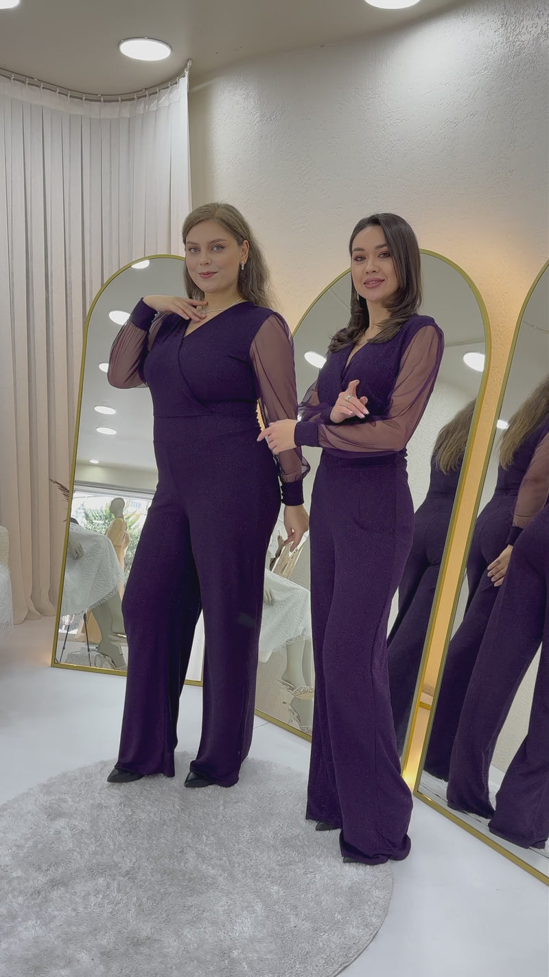 Simli Kruvaze Yaka Tül Kol Abiye