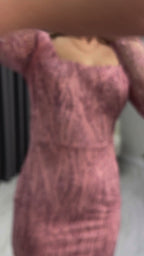 Pudra Kare Yaka Gold Simli Uzun Kol Midi Abiye Elbise