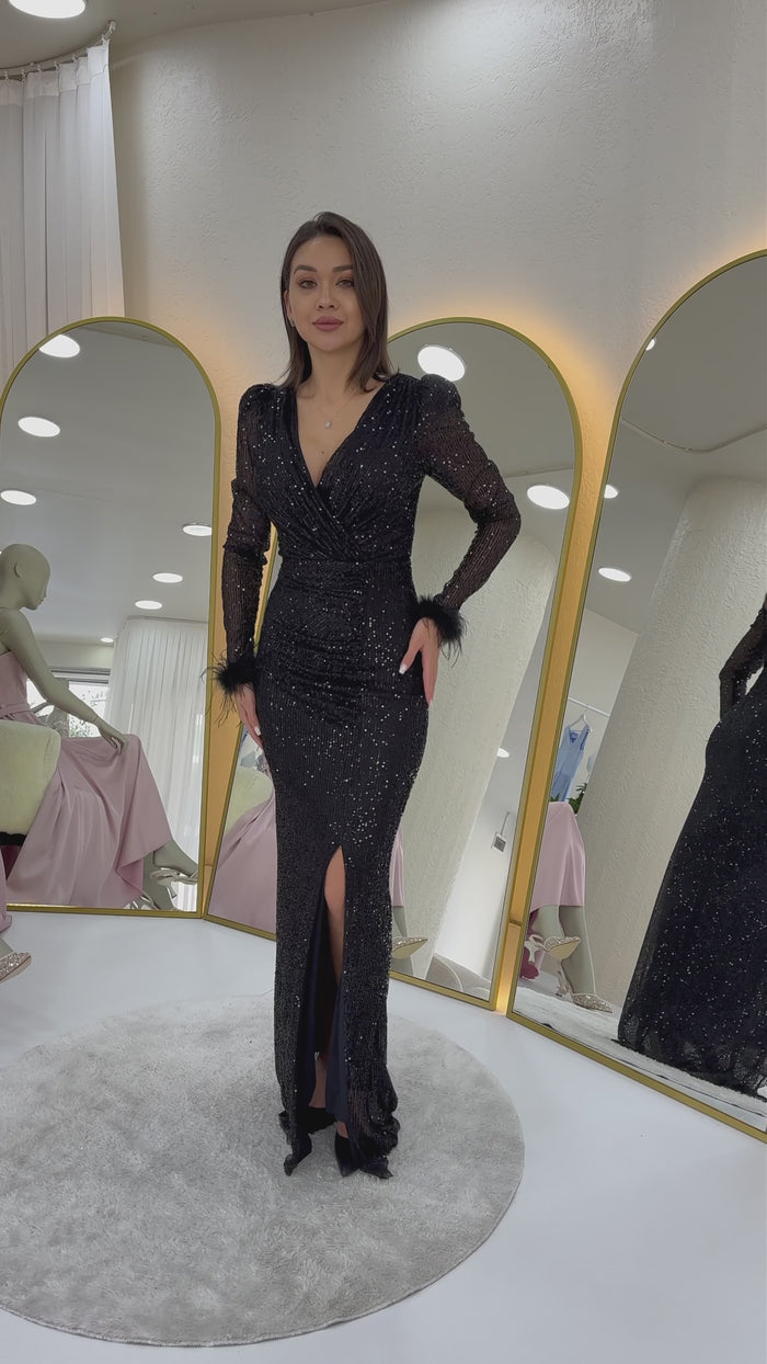 Kruvaze Yaka Pul Payet Uzun  Büyük Beden Abiye Elbise