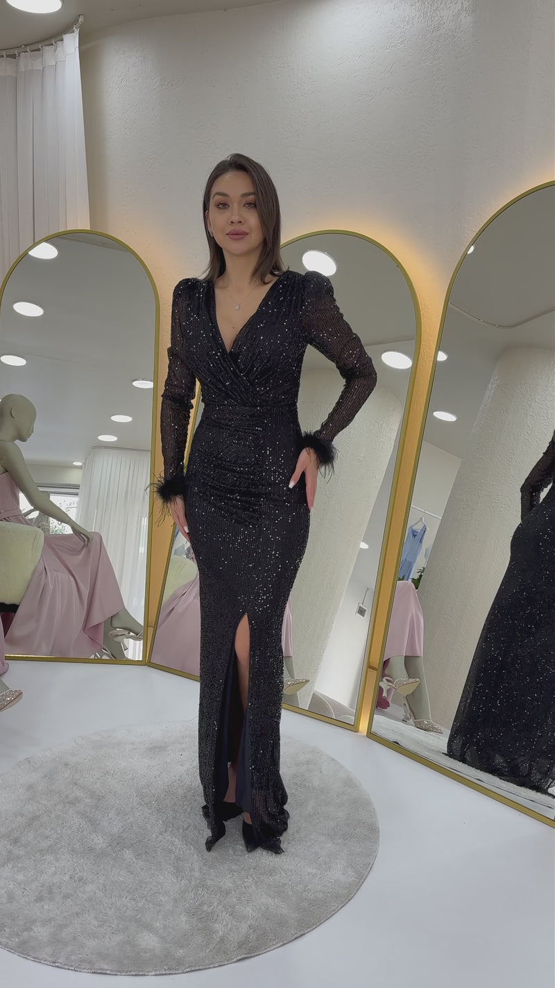 Kruvaze Yaka Pul Payet Uzun  Büyük Beden Abiye Elbise