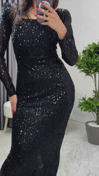 Siyah Kare Yaka Pul Payet Abiye Elbise