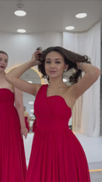 Kırmızı Tek Omuz Piliseli Kloş Abiye Elbise