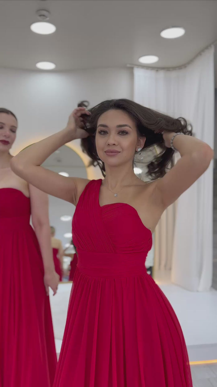 Kırmızı Tek Omuz Piliseli Kloş Abiye Elbise