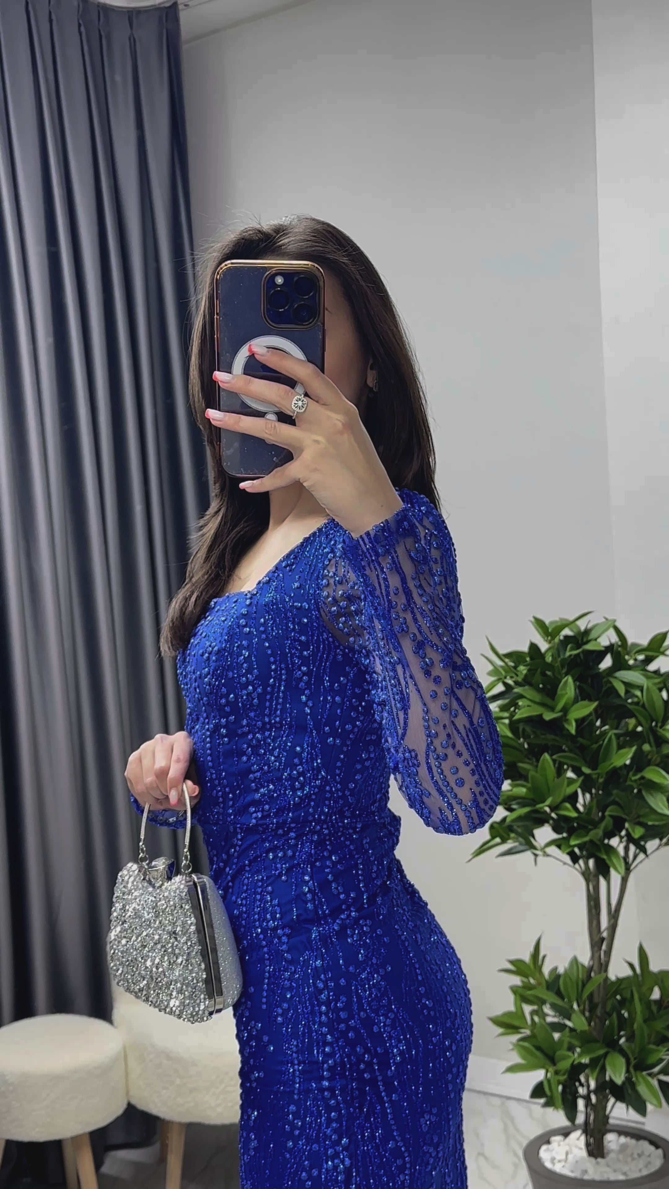 Saks Kare Yaka Simli Uzun Kol Midi Abiye Elbise