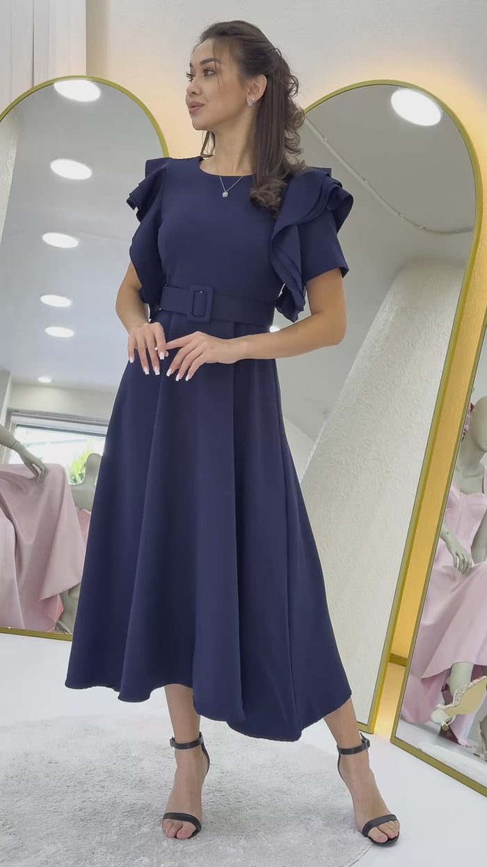 Lacivert Omuz Fırfır Detaylı Kemerli Midi Boy Elbise