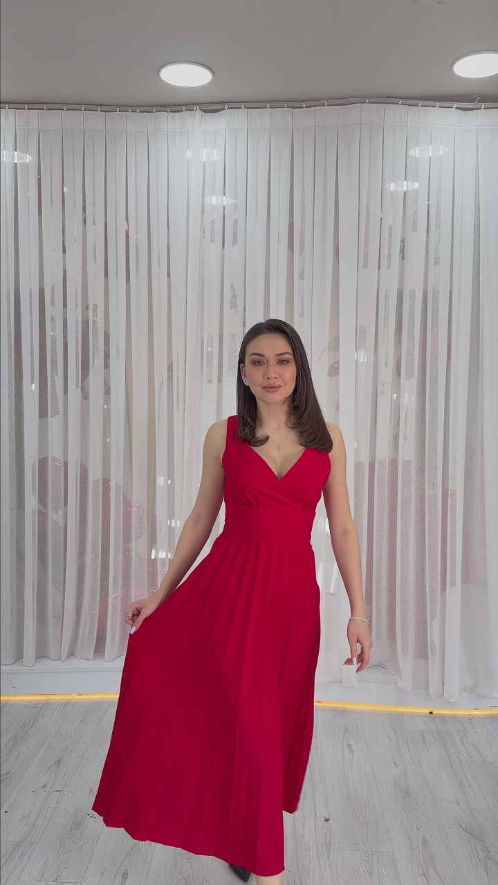 Kırmızı V Yaka Pileli Midi Boy Elbise