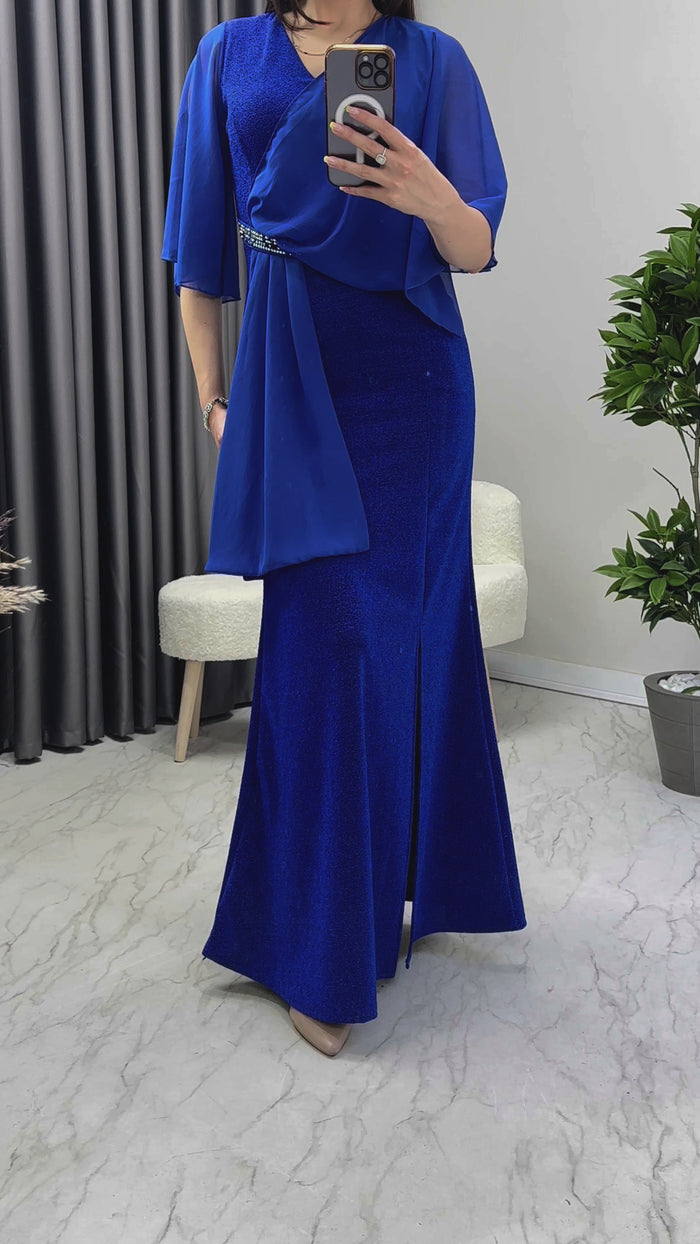 Saks Taş Detaylı Volan Kol Simli Abiye Elbise