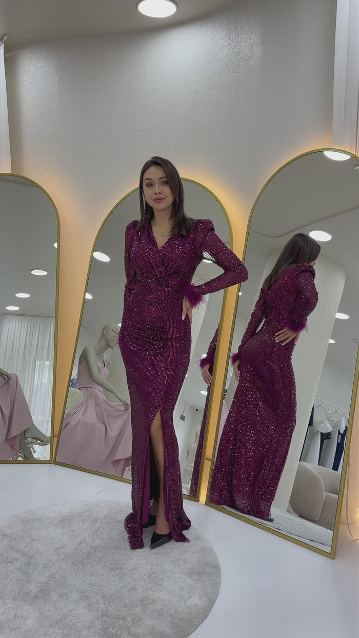 Kruvaze Yaka Pul Payet Uzun  Büyük Beden Abiye Elbise