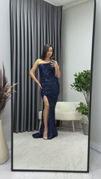 Lacivert Tek Omuz Payet Yırtmaçlı Balık Abiye Elbise