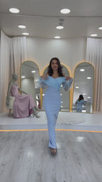 Bebe Mavi Şifon Kol Detaylı Düşük Omuz Balık Abiye Elbise