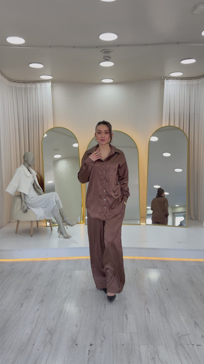 Kahverengi Saten Desenli Oversize  Gömlek Pantolon İkili Takım