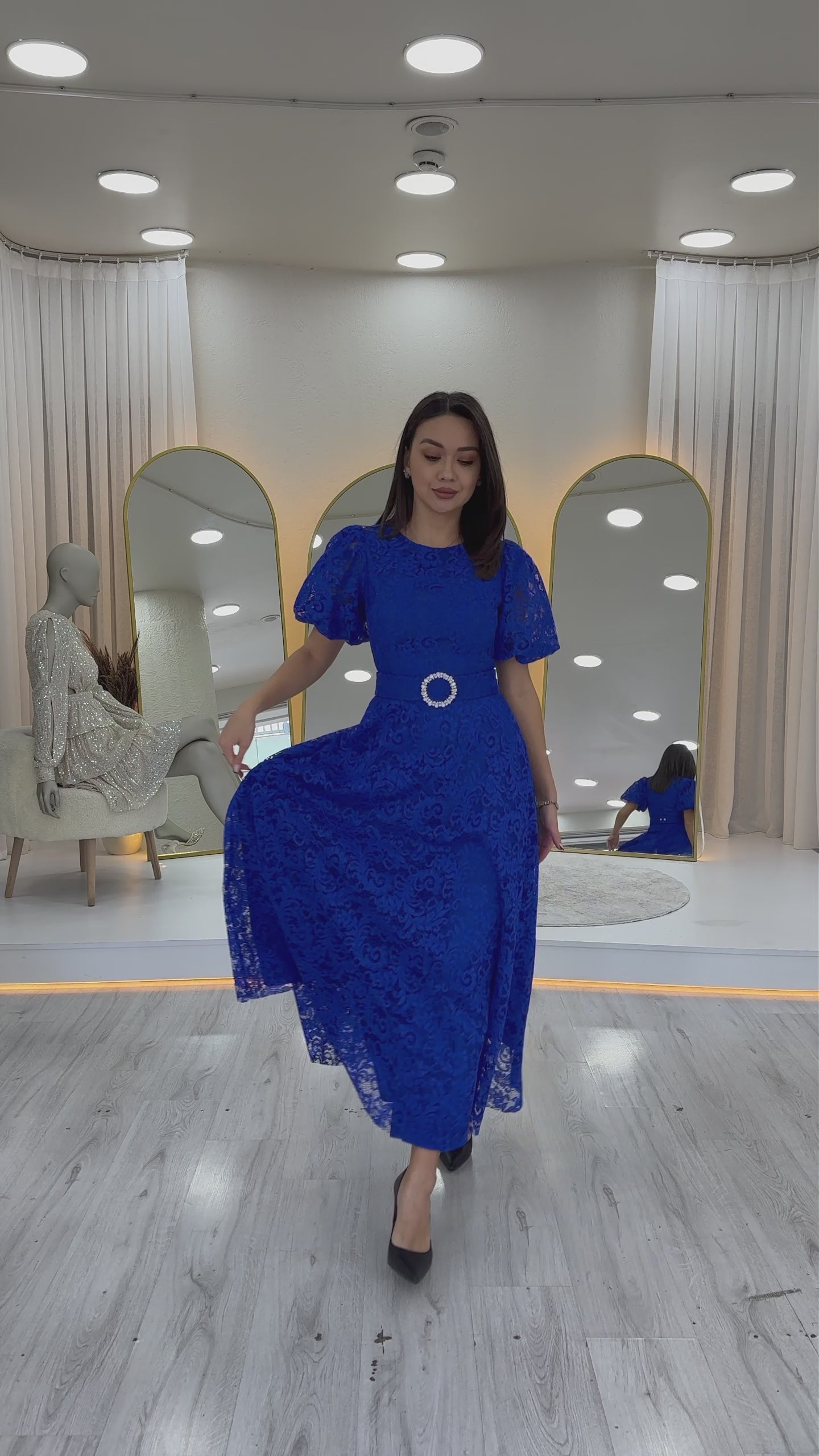 Balon Kol Maxi Boy Kemerli Dantel Elbise