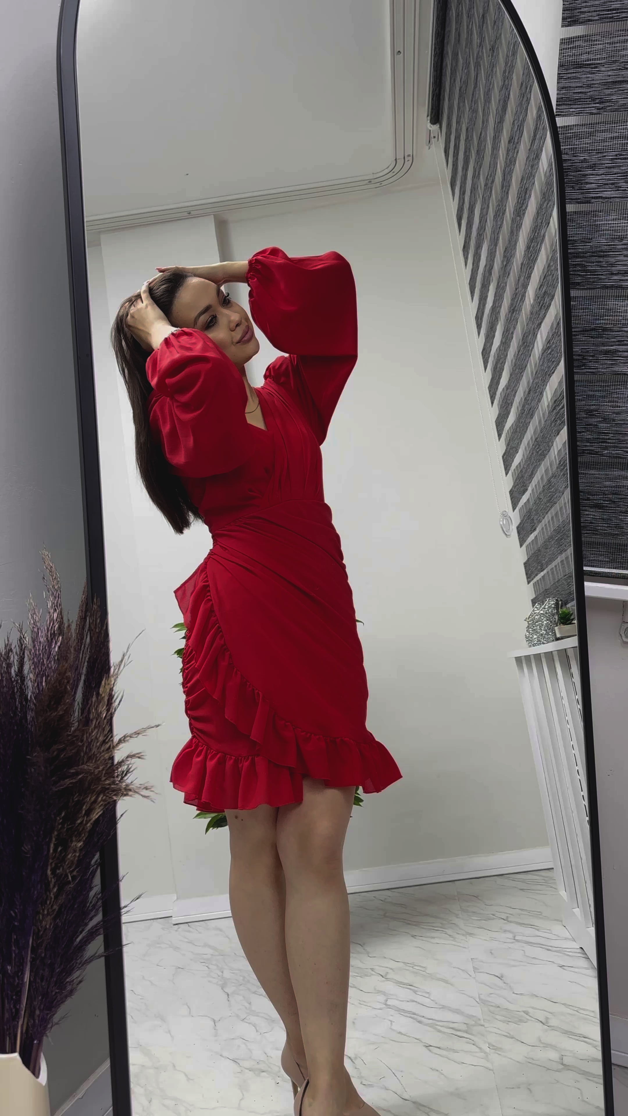 Kadın Kırmızı Mini Drapeli Şifon Elbise