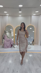 Bej Pul Payet Kalın Askılı Midi Boy FırFır Detaylı Abiye Elbise