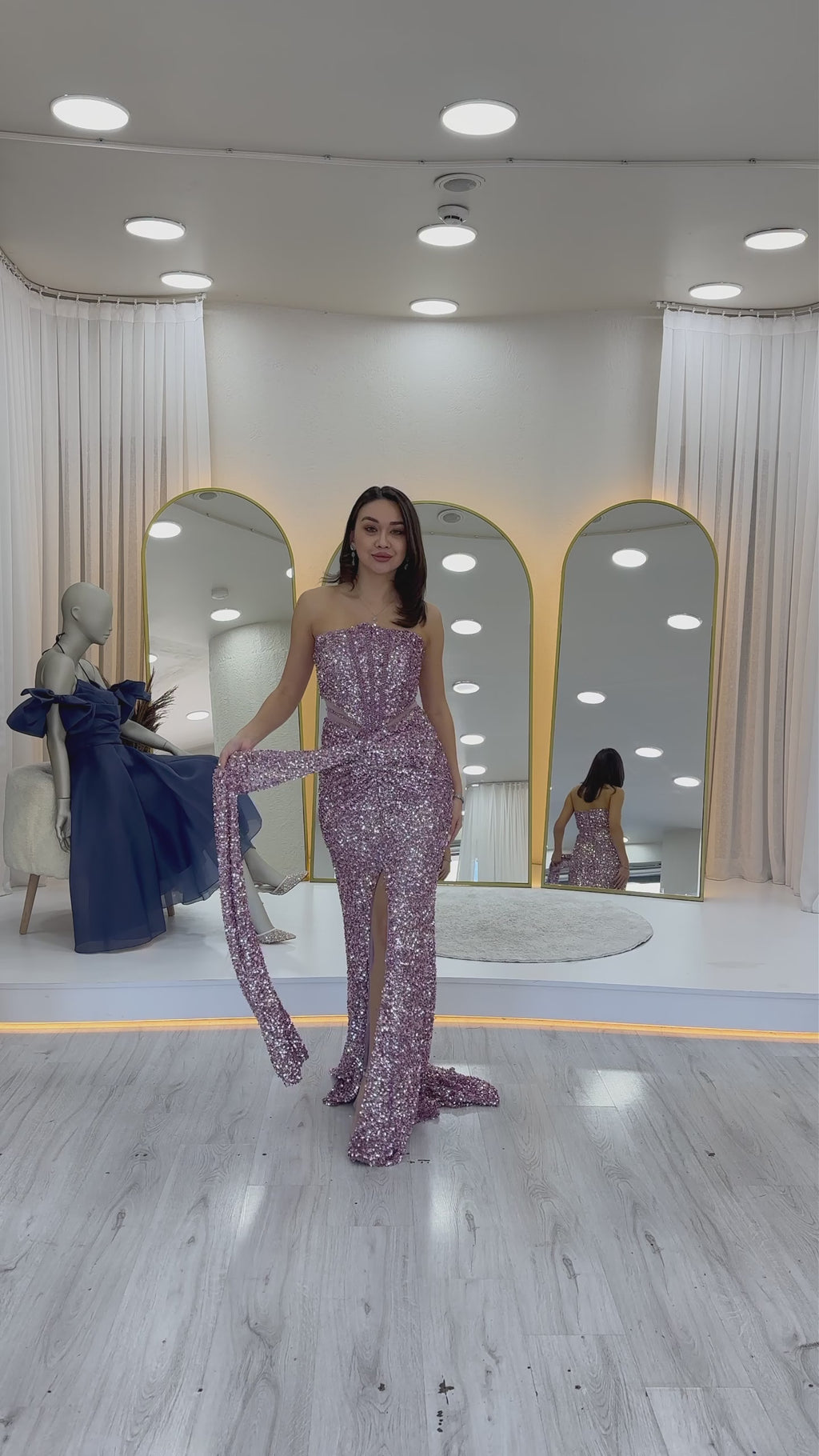 Straplez Bel Dekolteli Pul Payet Abiye Elbise