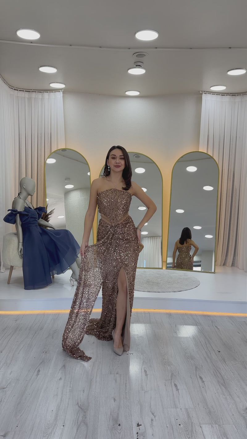 Straplez Bel Dekolteli Pul Payet Abiye Elbise