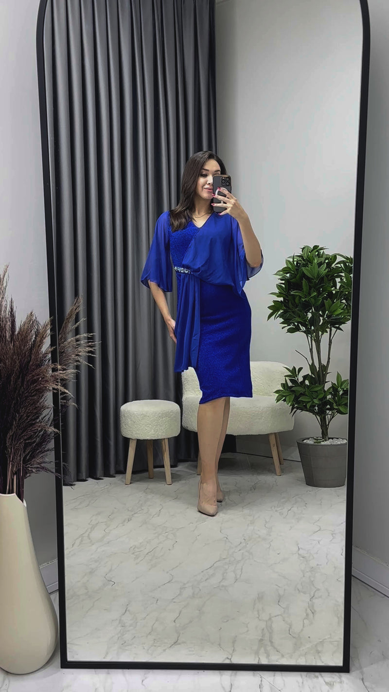 Saks Taş Detaylı Volan Kol Simli Abiye Elbise