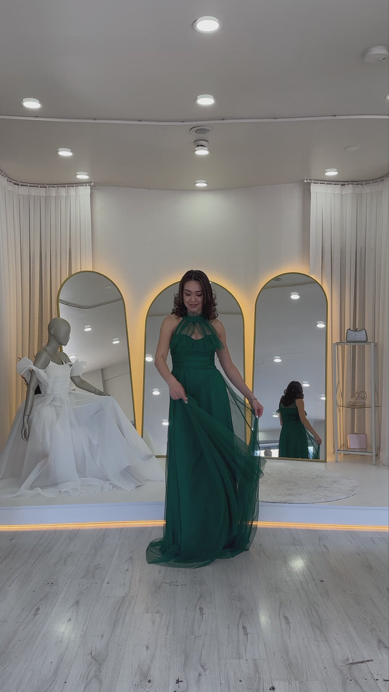 Drapeli Kolsuz Tül Abiye Elbise