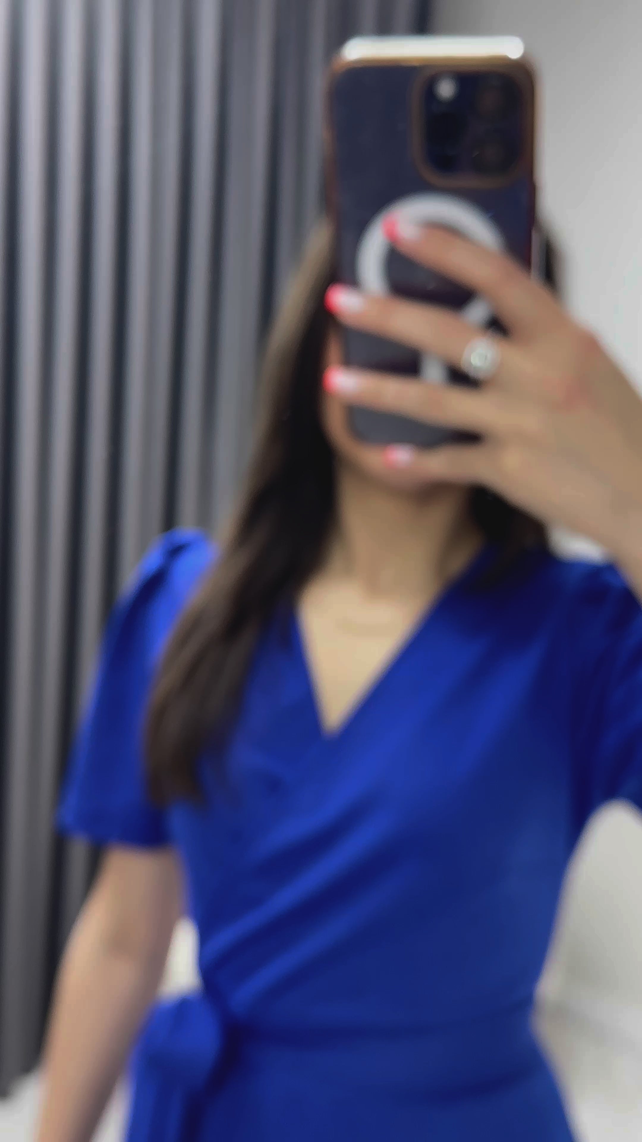 Saks Mavisi Kısa Karpuz Kol Kruvaze Kuşaklı Büyük Beden Elbise

