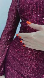 Bordo Kare Yaka Pul Payet Abiye Elbise