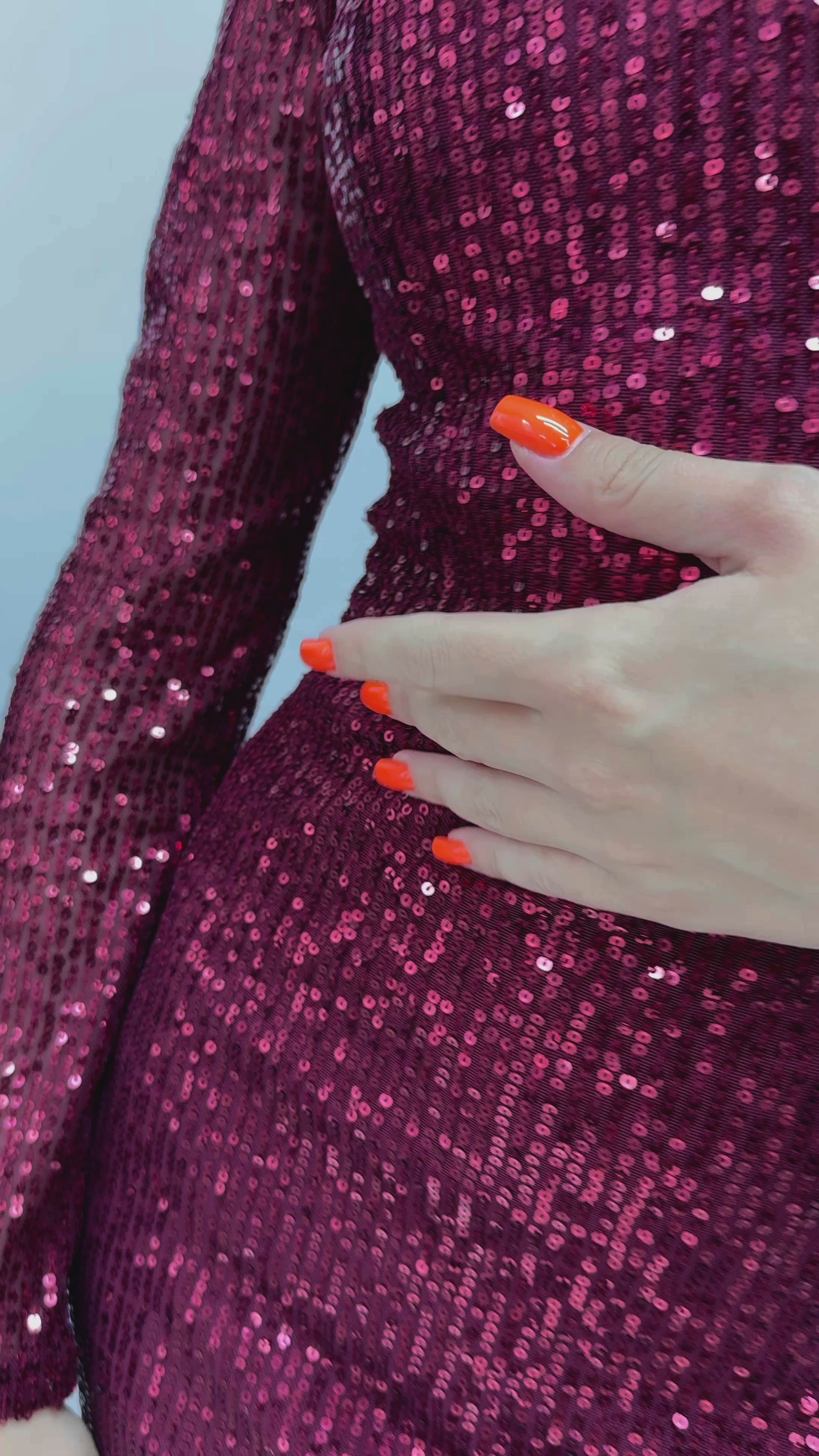 Bordo Kare Yaka Pul Payet Abiye Elbise