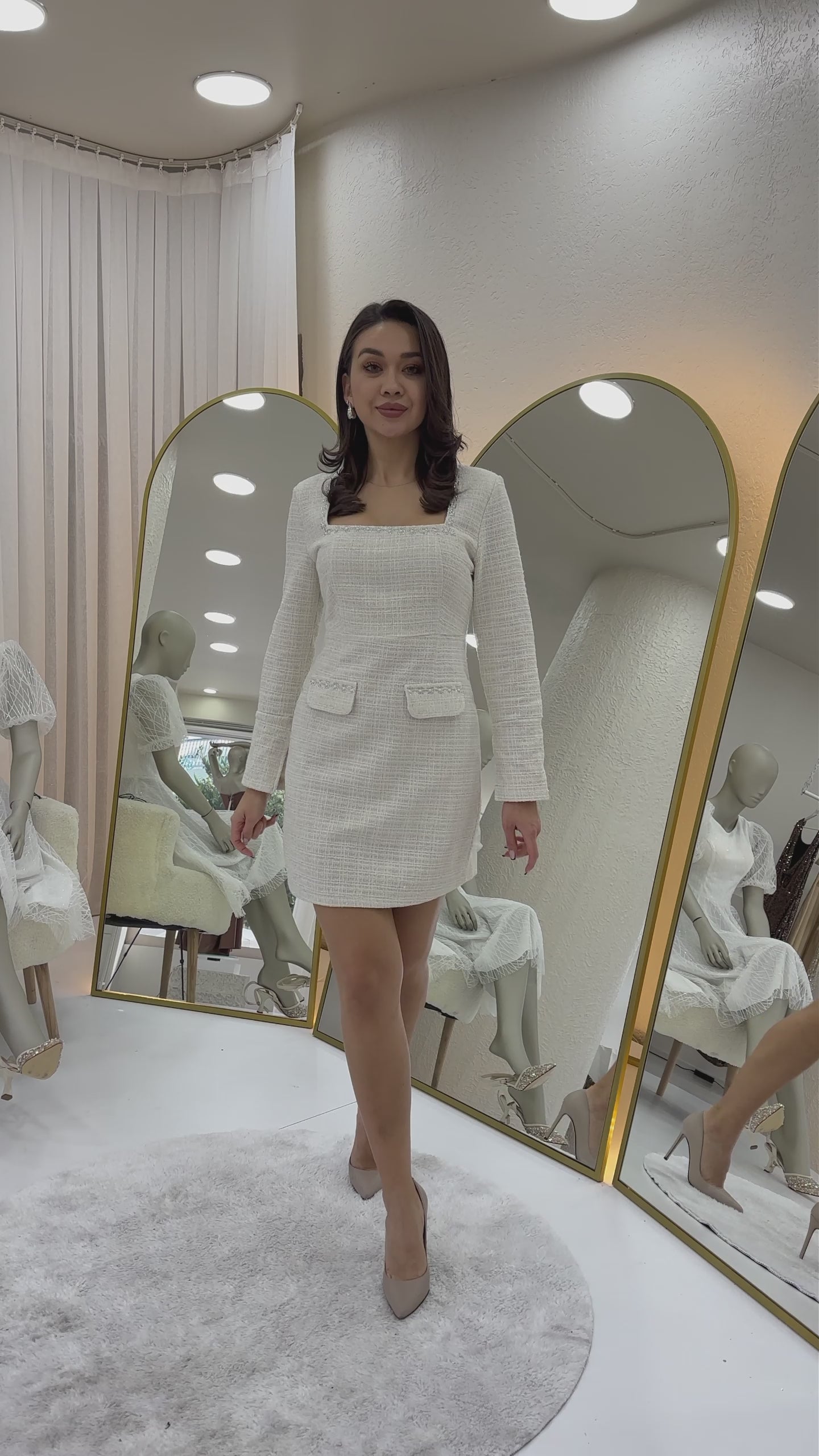  Kare Yaka Taş İşlemeli Tüvit Elbise