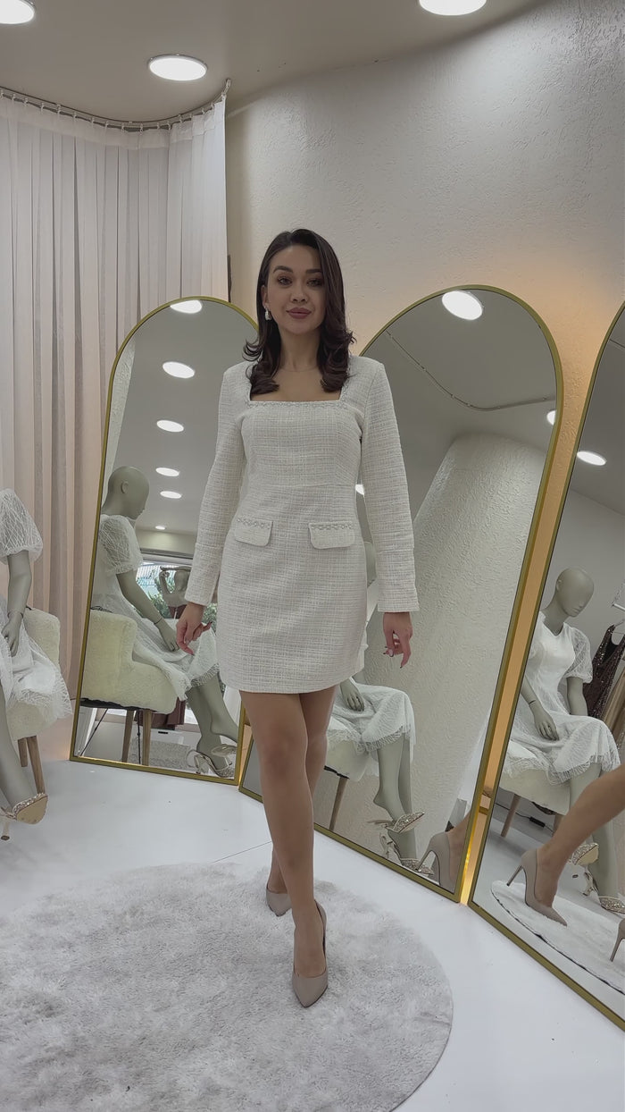  Kare Yaka Taş İşlemeli Tüvit Elbise