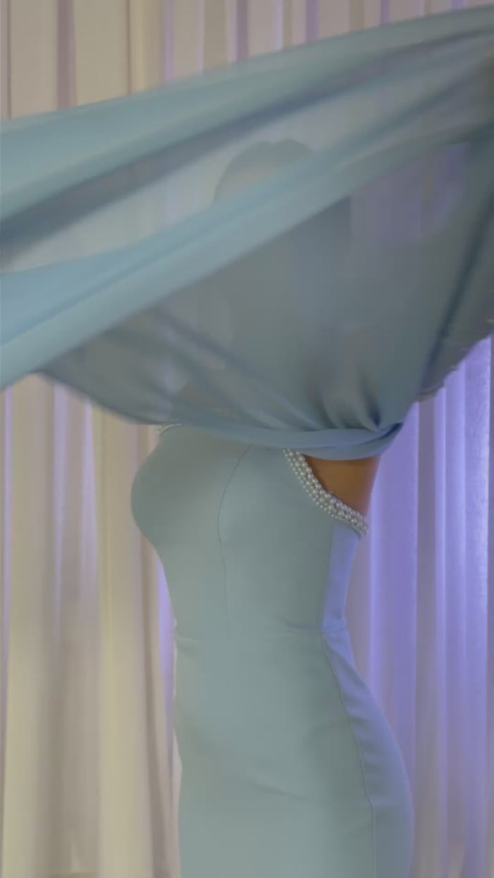 Siyah İncili Straplez Çıkarılabilir Kol Detaylı Uzun Abiye Elbise