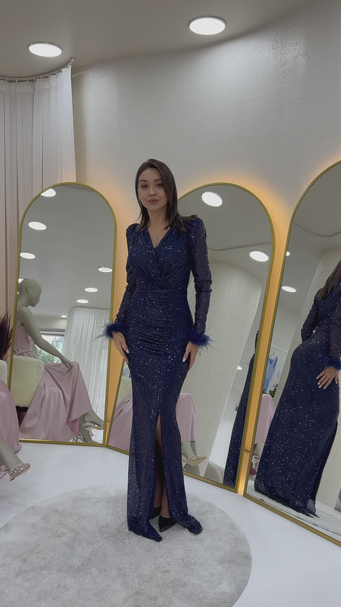 Lacivert Kruvaze Yaka Pul Payet Uzun  Büyük Beden Abiye Elbise