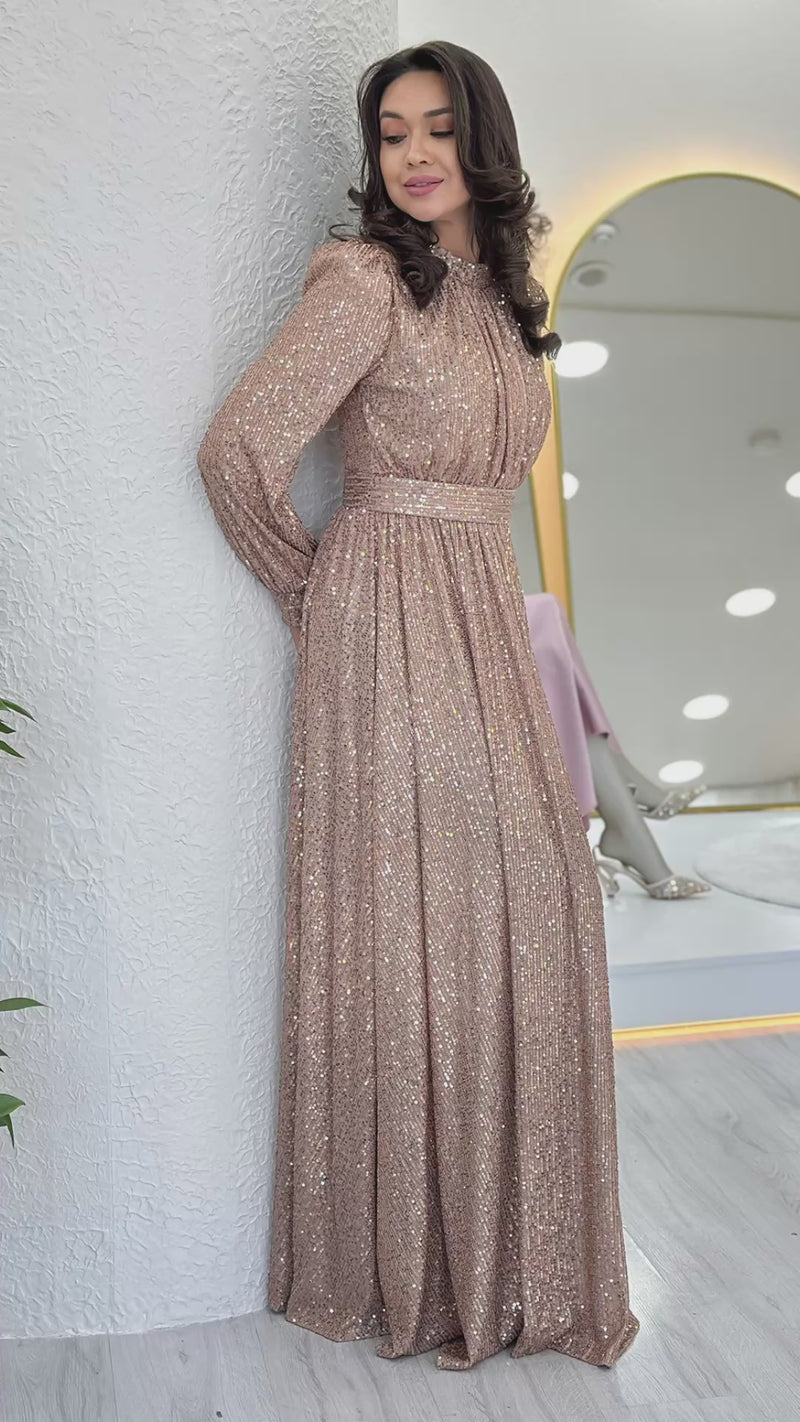 Krem Pul Payet Büzgü Detay Maxi Abiye Elbise