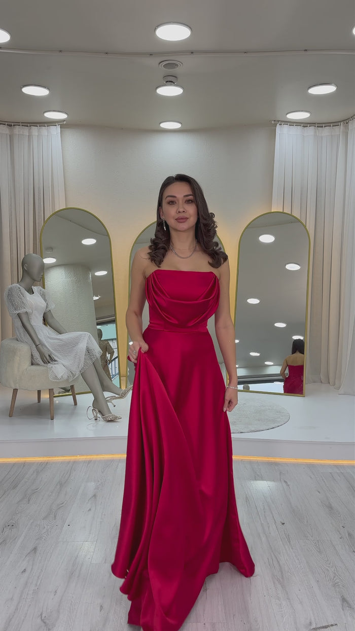 Straplez Saten Uzun Abiye Elbise