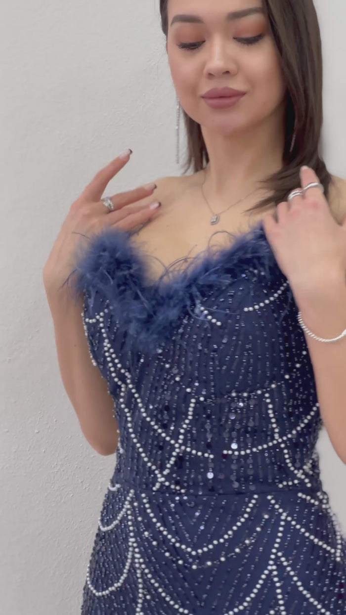 Kadın Lacivert Straplez İşlemeli Otriş Detaylı Abiye Elbise