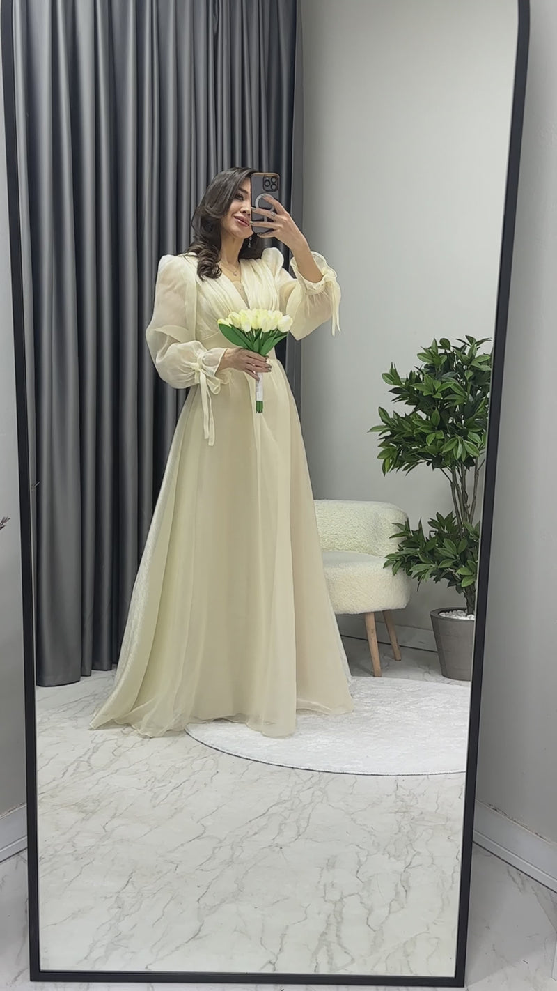 Asimetrik Etek Krem  Karpuz Kol Prenses V Yaka Abiye Elbise