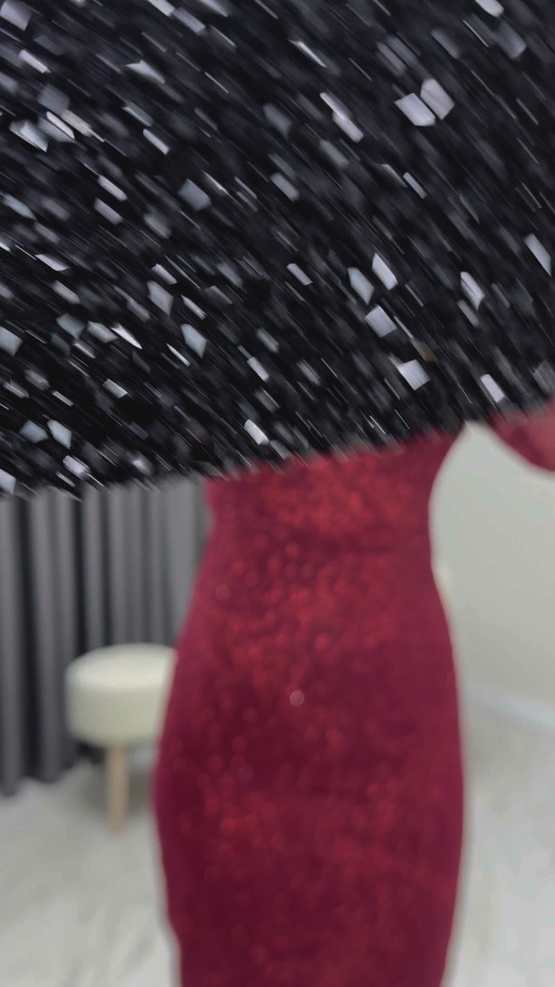 Bordo Kare Yaka Simli Midi Kalem Abiye Elbise Yeni Desen