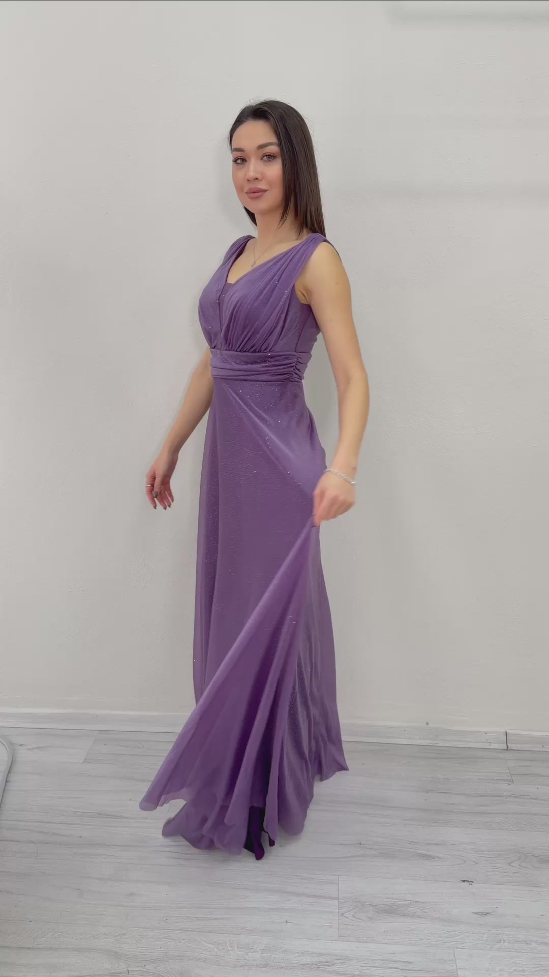 Kadın Koyu Lila Sıfır Kol Transparan Detay Abiye Elbise